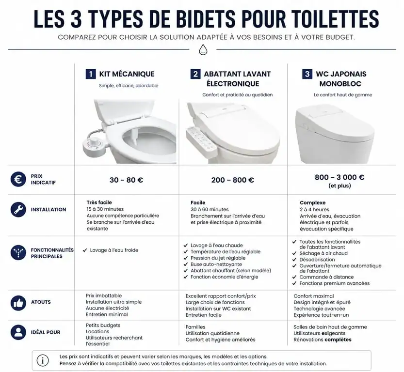 Comparatif des solutions bidet toilet bidet : kit mécanique, abattant lavant et WC japonais