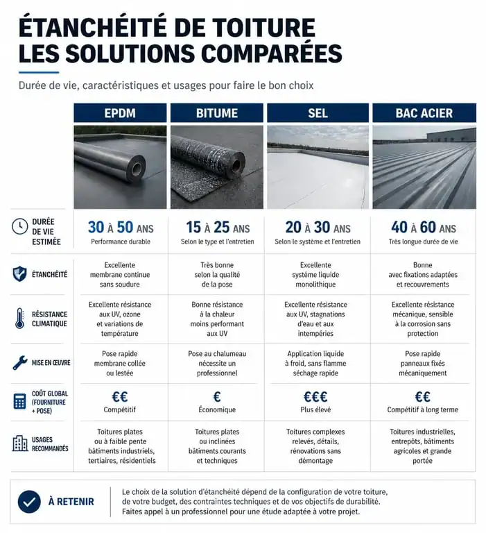 Comparatif des solutions d'étanchéité des toitures : EPDM, Bitume, SEL et Bac Acier