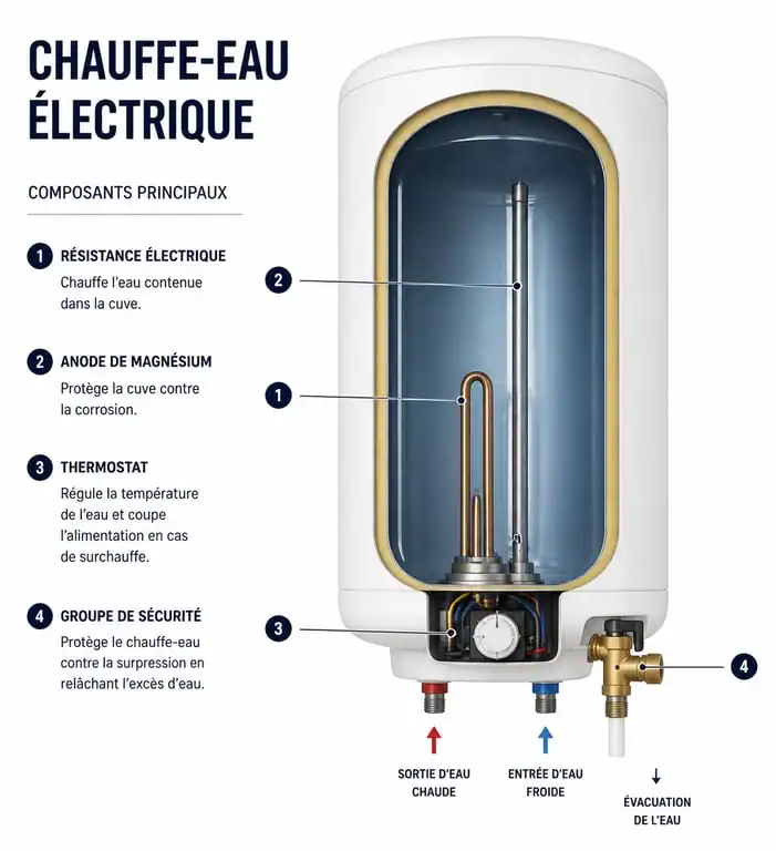 Schéma des composants internes d'un chauffe-eau électrique pour le dépannage