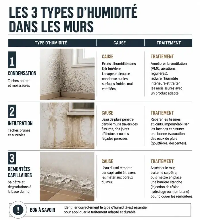 Infographie des causes et solutions pour enlever l'humidité sur un mur