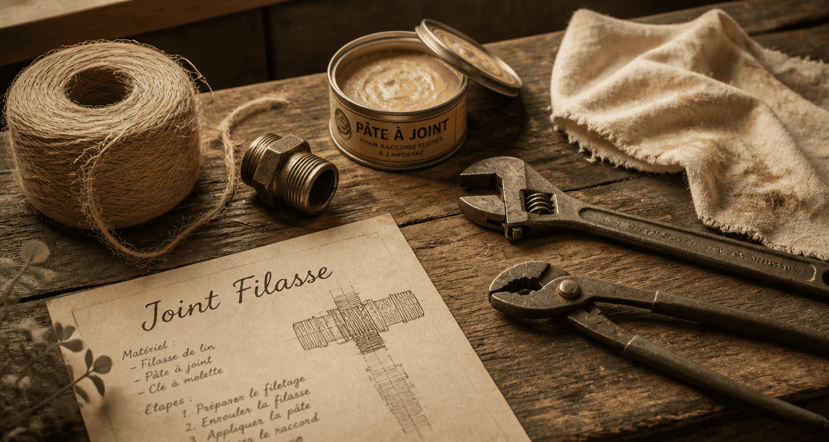 filasse plomberie sur établi avec outils traditionnels