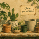 pots de fleurs variés sur table en bois