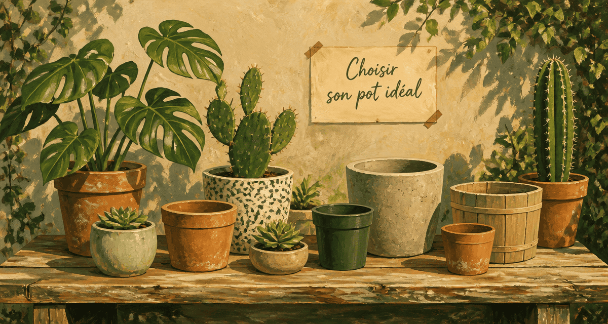 pots de fleurs variés sur table en bois