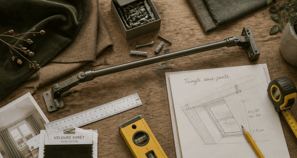 Tringle rideau sous pente sur établi avec outils
