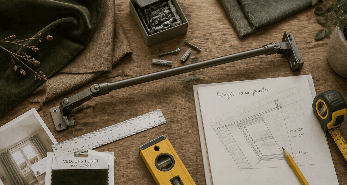 Tringle rideau sous pente sur établi avec outils