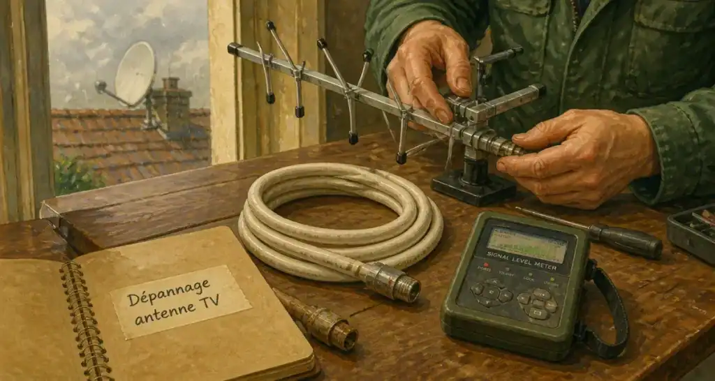 Dépannage antenne tv : technicien teste l’antenne et le câble