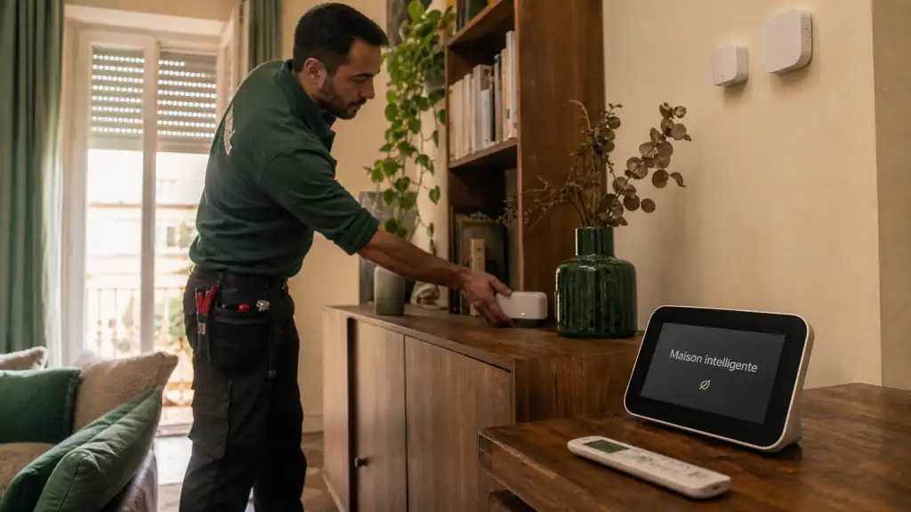 Domotique exemple : homme installe un hub maison intelligente sur une étagère
