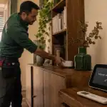 Domotique exemple : homme installe un hub maison intelligente sur une étagère