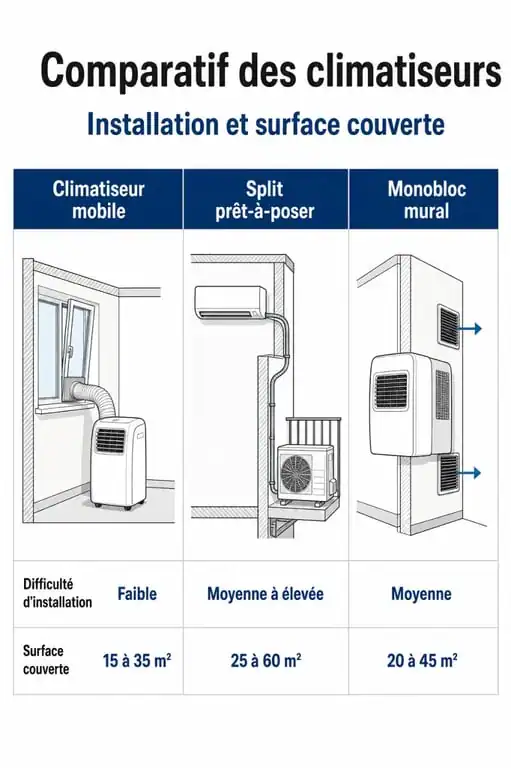 Comparatif des types de climatiseurs pour une installation soi-même : mobile, split et monobloc mural