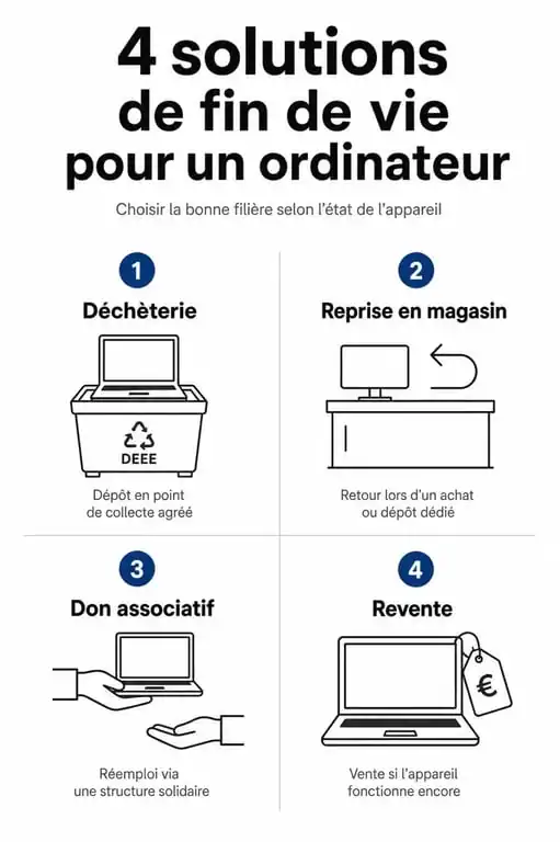 Infographie sur les solutions pour jeter ou recycler un ordinateur usagé