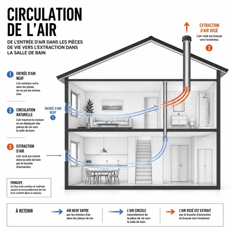 Schéma de circulation de l'air et installation d'une VMC dans une salle de bain