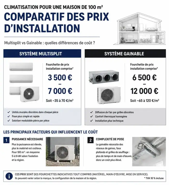 Infographie comparative des prix d'installation d'une climatisation pour une maison de 100m2