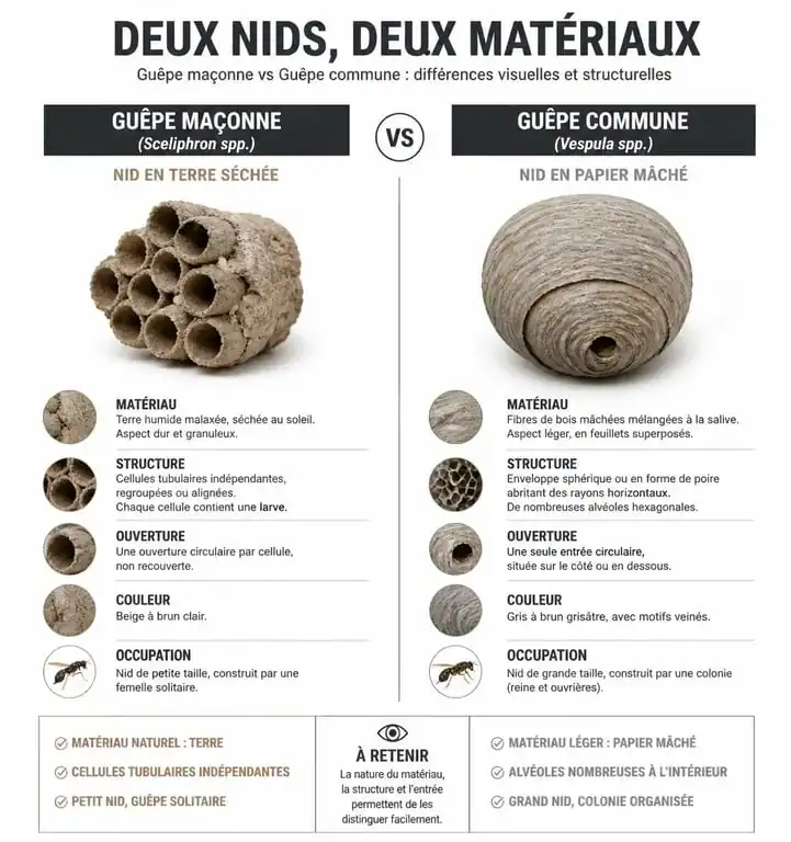 Comparaison visuelle entre un nid de guêpe maçonne et un nid de guêpe commune pour identifier le nid de guêpe maçonne et savoir comment s'en débarrasser