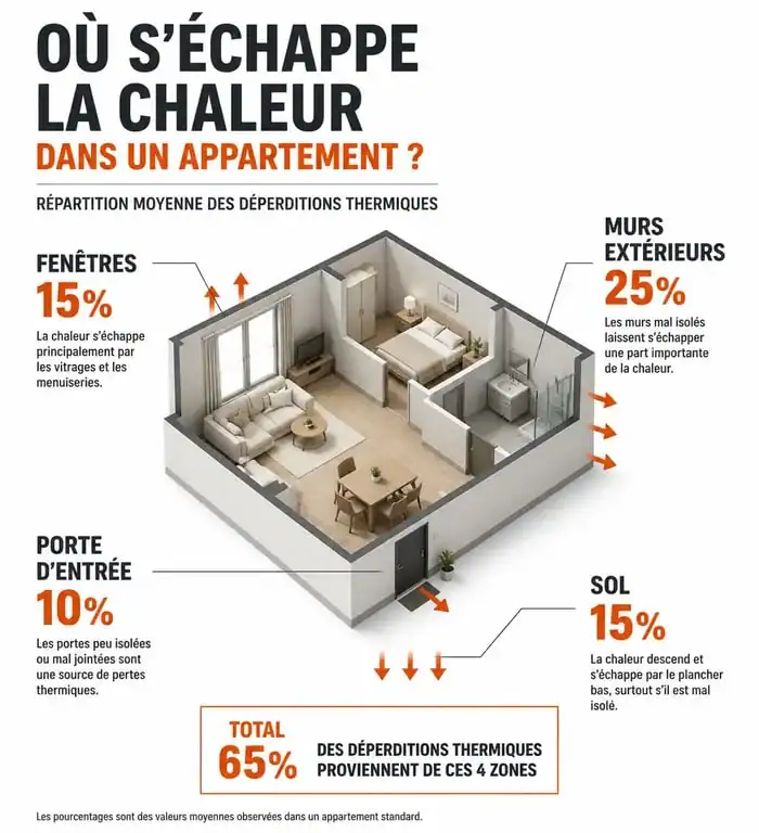 Schéma des points de déperdition thermique pour mieux chauffer un appartement mal isolé