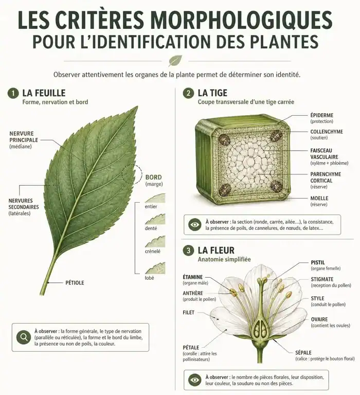 Schéma pédagogique des critères d'identification d'une plante pour apprendre à reconnaître une plante sauvage.