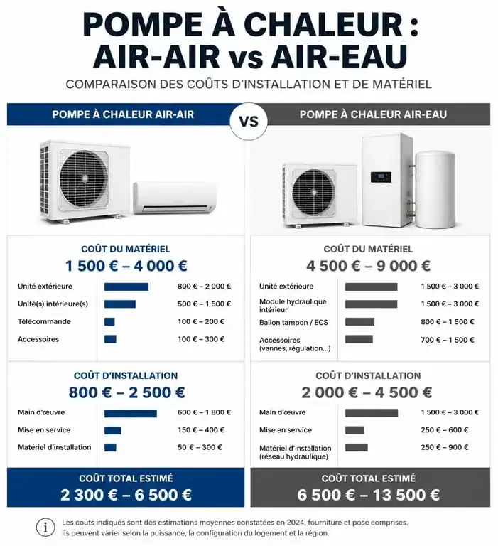 Comparatif des prix d'installation d'une pompe à chaleur clim réversible selon le type d'équipement