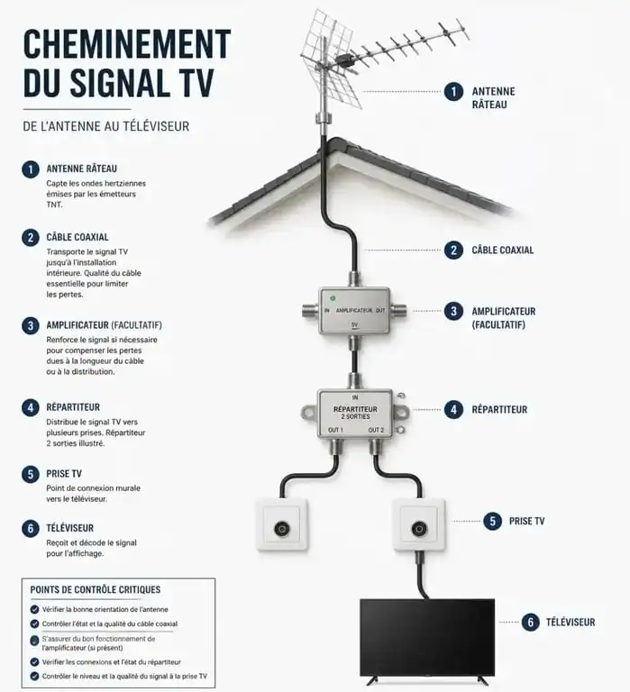 Schéma de diagnostic pour le dépannage antenne TV : points de contrôle du signal