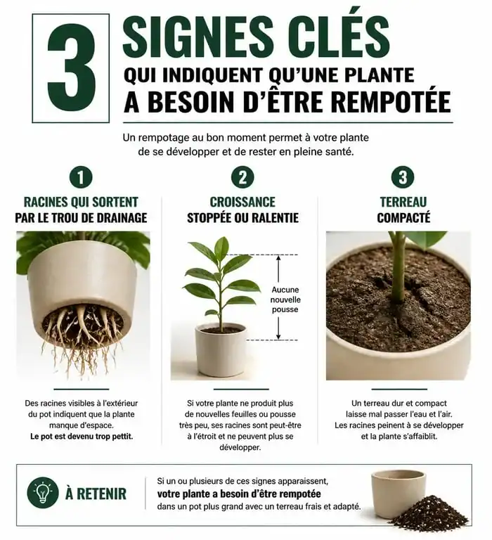Infographie montrant les signes indiquant quand rempoter une plante d'intérieur