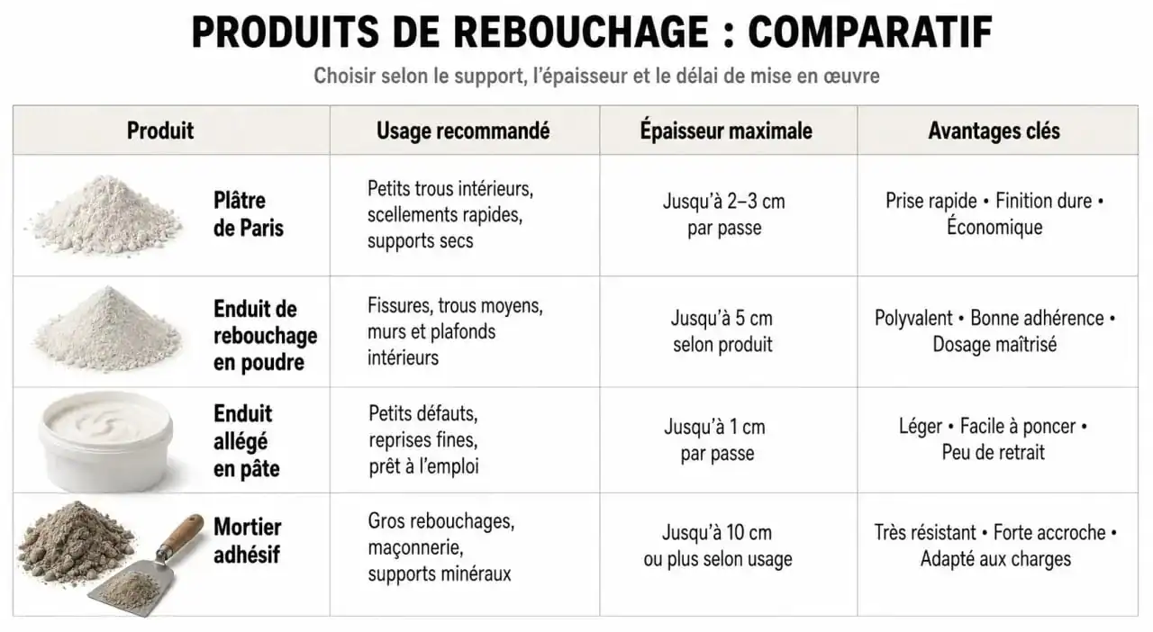 Tableau comparatif des types de plâtre pour reboucher un mur ou un plafond