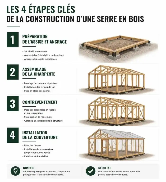 Infographie des étapes de construction d'une serre en bois pour un projet de jardinage