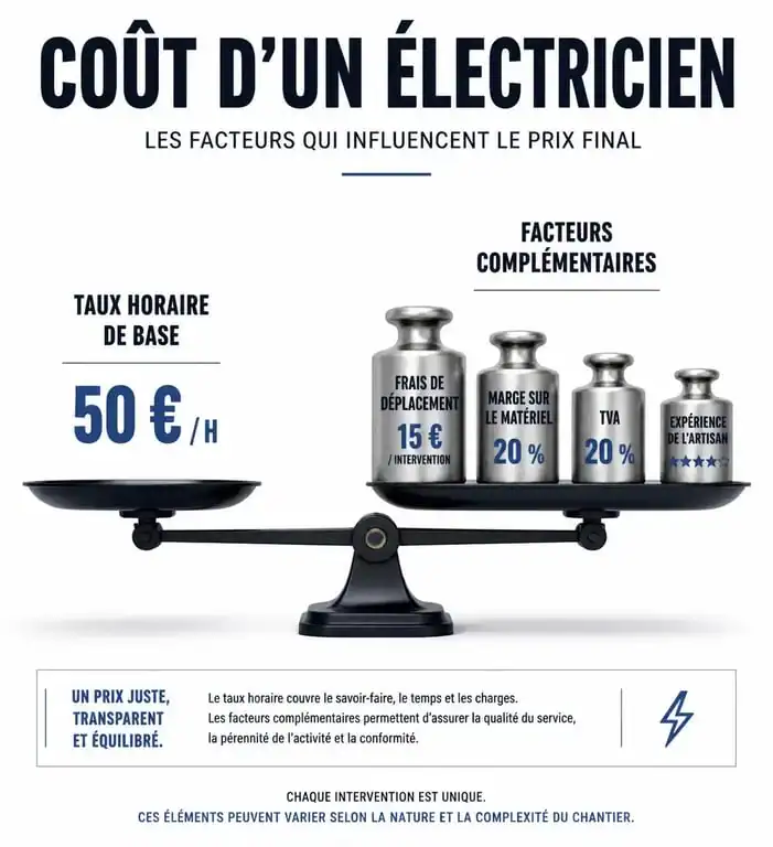 Infographie des facteurs influençant le taux horaire d'un électricien en France