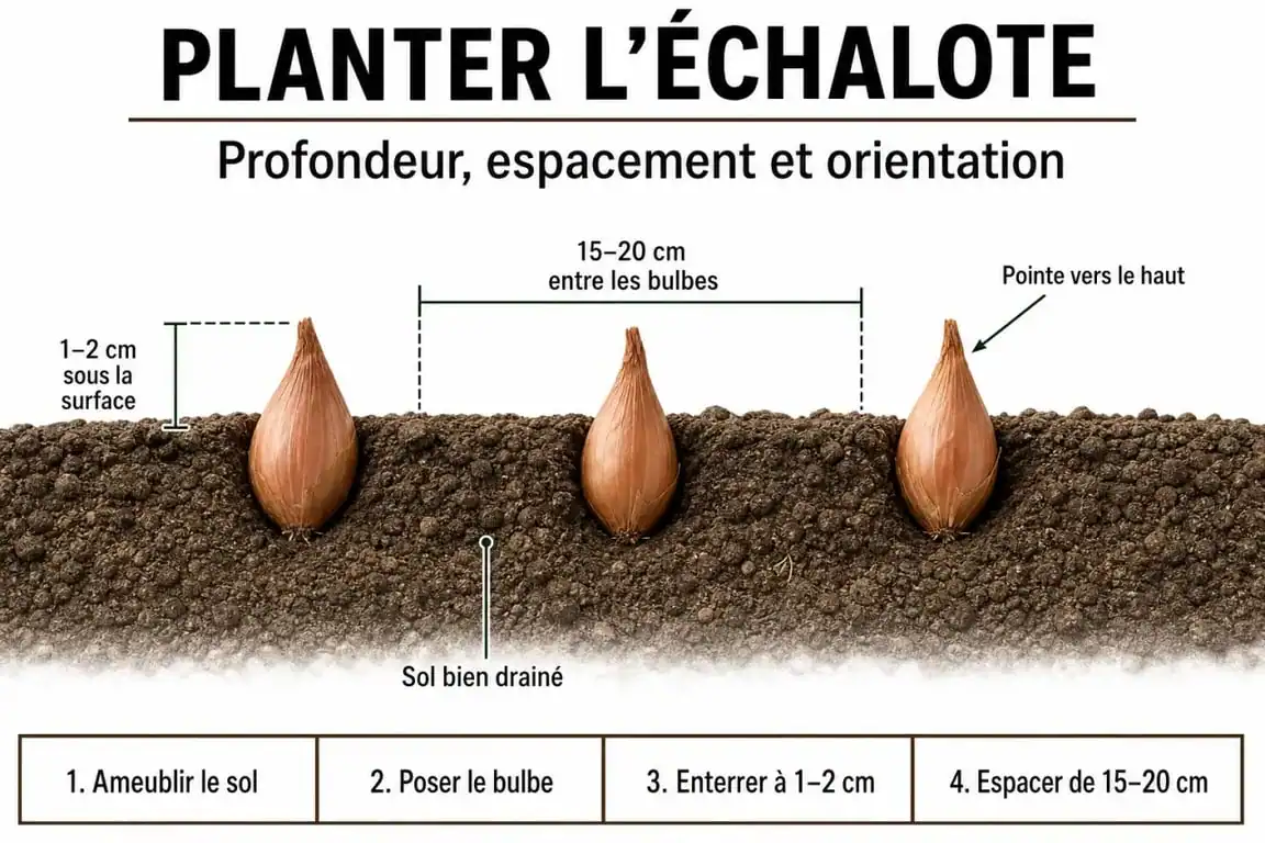 Infographie illustrant les étapes de plantation des échalotes avec espacement et profondeur