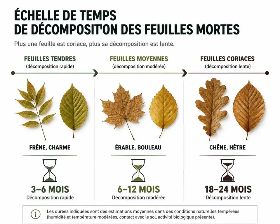 Infographie sur le temps de décomposition des feuilles mortes selon leur essence au jardin