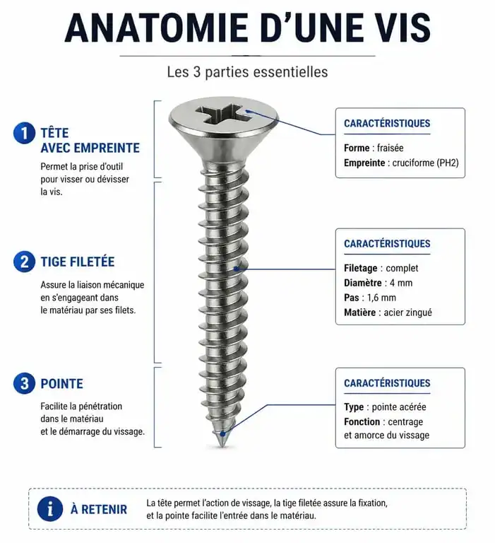 Schéma technique expliquant l'anatomie d'une vis : tête, filetage et pointe pour comprendre le choix d'une vis.