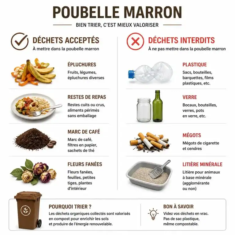 Infographie récapitulative : que mettre dans la poubelle marron pour le tri des biodéchets
