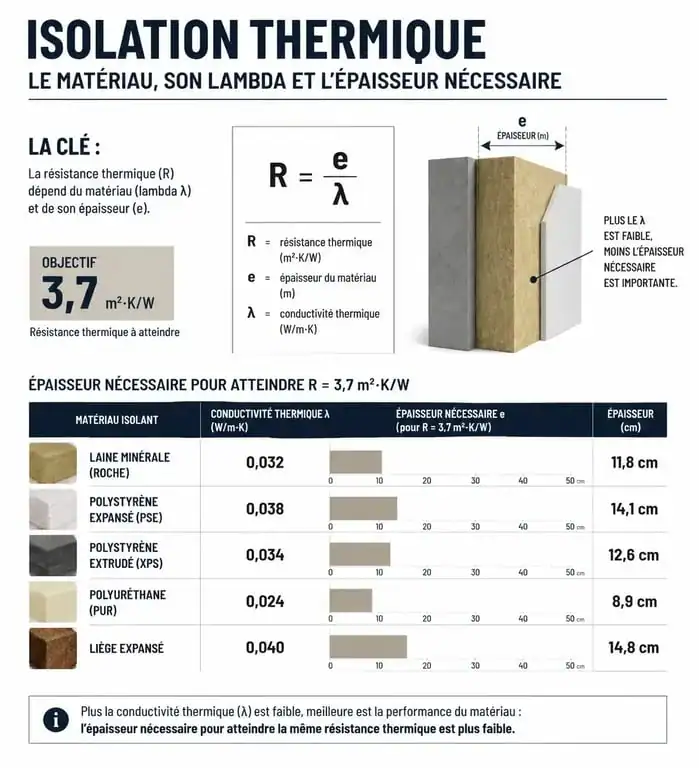 Infographie comparative des épaisseurs d'isolants pour une isolation thermique par l'extérieur efficace