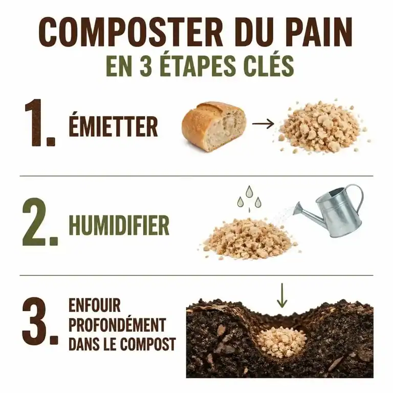 Infographie illustrant les étapes pour réussir le compostage du pain au composteur