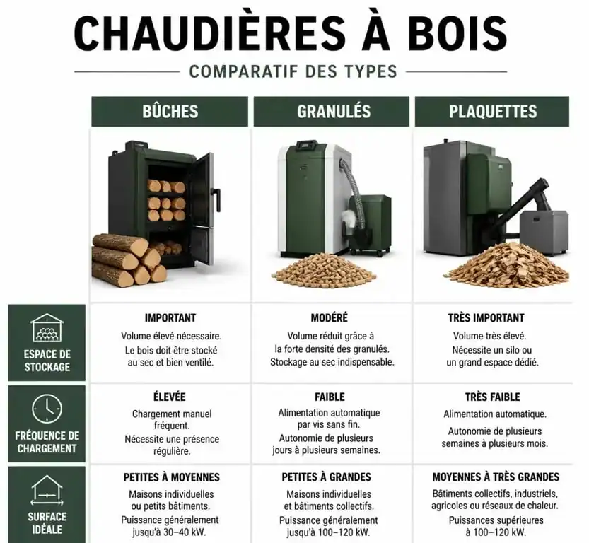 Infographie comparative des différents modèles de chaudière bois pour le chauffage domestique