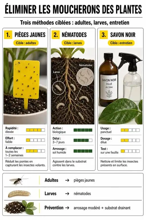 Infographie comparative des méthodes anti-moucheron pour plantes d'intérieur