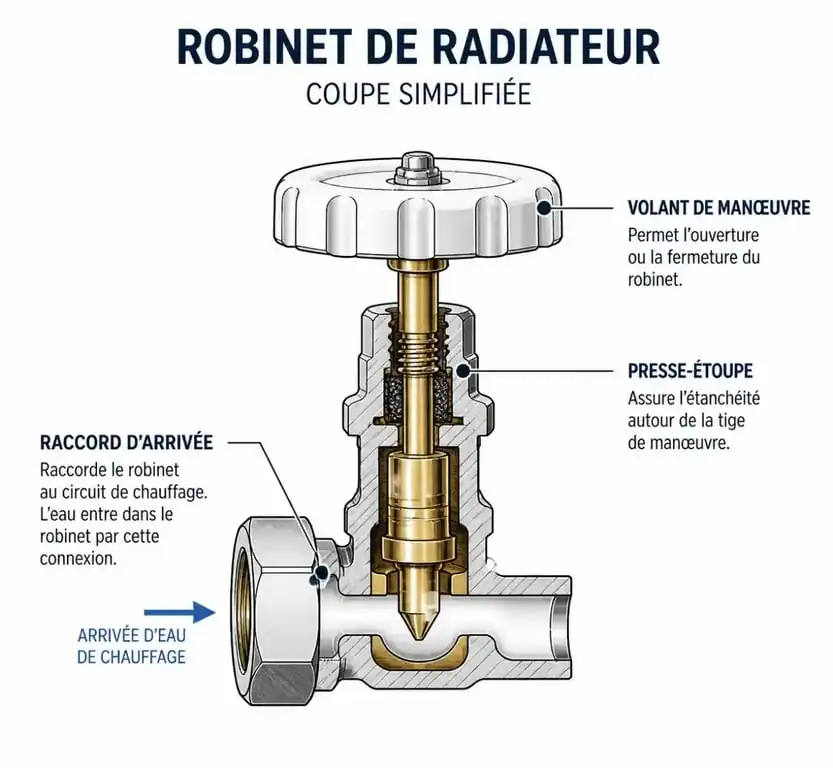 Schéma technique d'un robinet de radiateur pour identifier une fuite