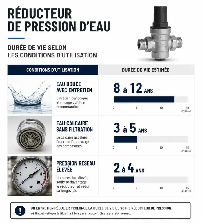 Infographie sur la durée de vie d'un réducteur de pression d'eau selon les conditions d'utilisation