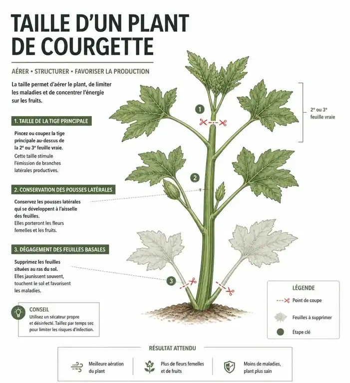 Schéma illustrant les étapes de la taille des courgettes pour optimiser la récolte