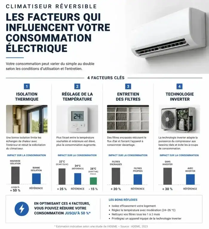 Infographie sur les facteurs influençant la consommation électrique d'un climatiseur réversible
