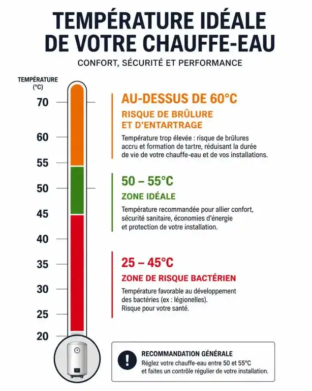 Infographie des plages de température idéale pour chauffe-eau : sécurité sanitaire et économies d'énergie