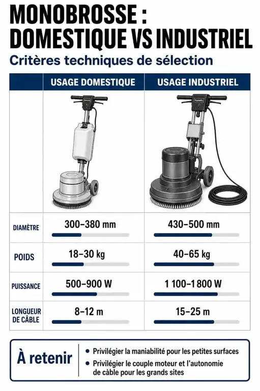 Tableau comparatif des critères de choix d'une monobrosse nettoyage pour usage domestique ou industriel