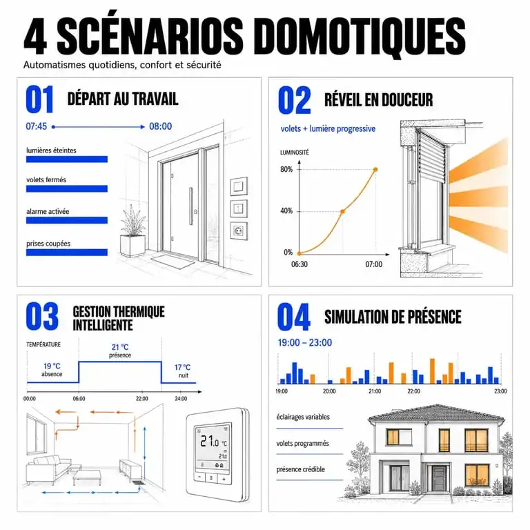 Exemples de scénarios domotique pour la maison intelligente : gestion de l'énergie, sécurité et confort.