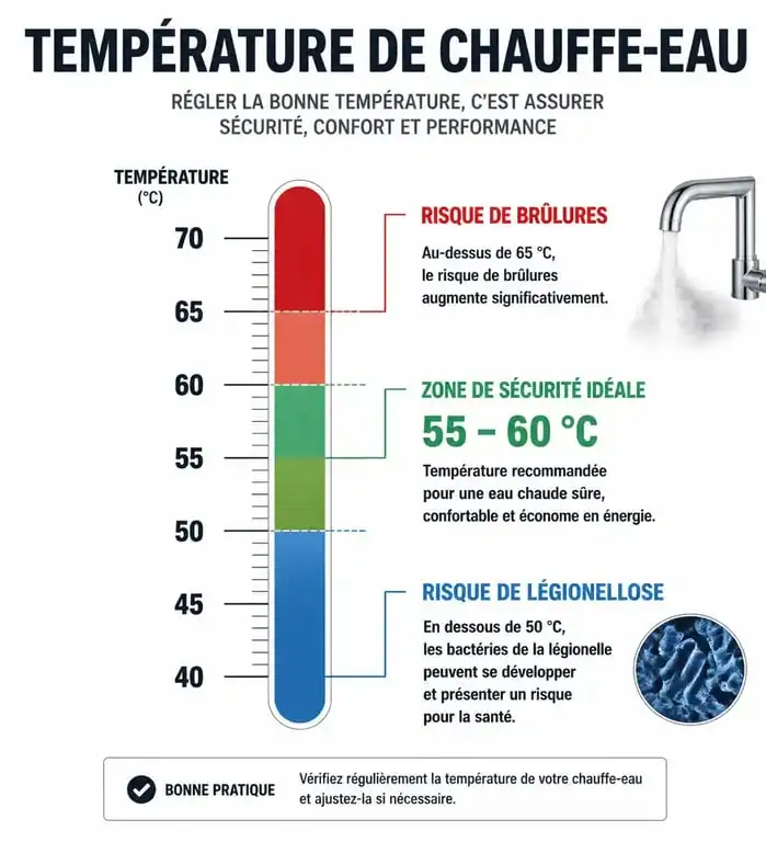 Infographie sur le réglage idéal de la température d'un ballon d'eau chaude pour la sécurité et les économies d'énergie