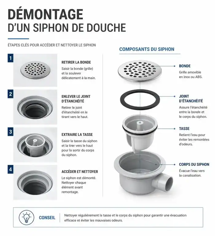 Schéma explicatif des étapes pour déboucher la douche et nettoyer le siphon