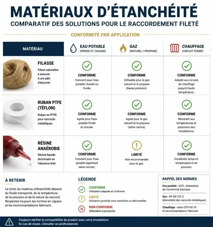 Tableau comparatif des matériaux d'étanchéité pour raccords : filasse, téflon et résine pour vos travaux de plomberie.