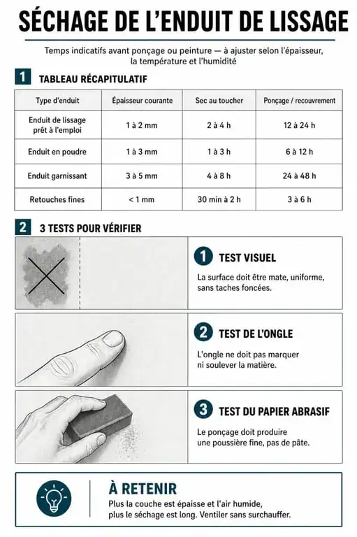 Infographie des temps de séchage de l'enduit de lissage avant ponçage et méthodes de vérification