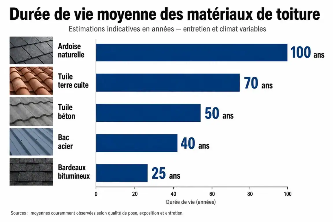 Comparatif de la durée de vie des matériaux de toiture : ardoise, terre cuite, béton et bac acier
