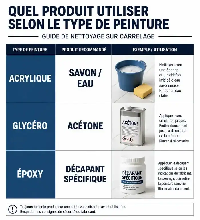 Infographie comparative des produits pour nettoyer la peinture sur carrelage selon le type de peinture