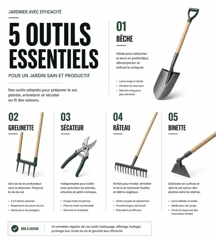 Infographie des outils de jardinage essentiels pour débutants et amateurs, incluant bêche, sécateur et grelinette.