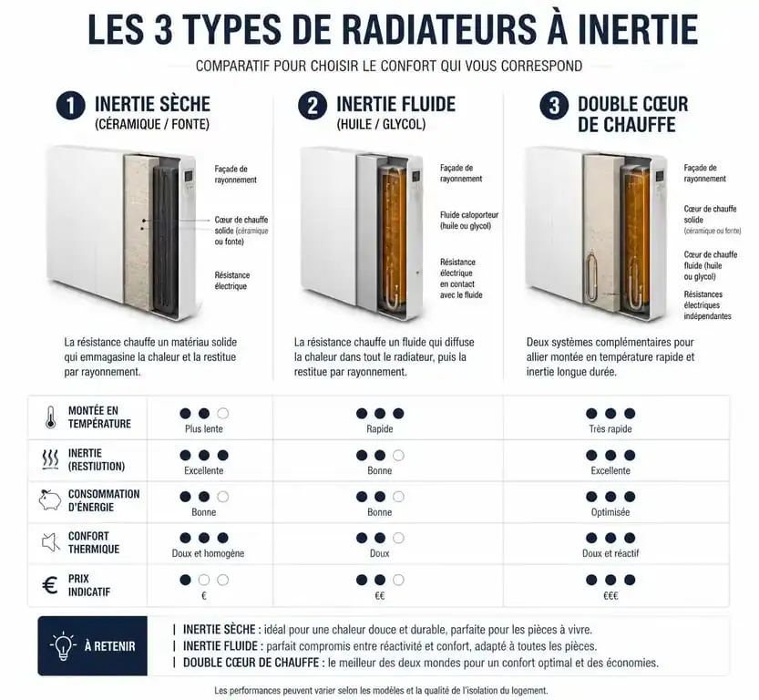 Comparatif des technologies de radiateurs à inertie : sèche, fluide et double cœur pour choisir le meilleur radiateur à inertie.
