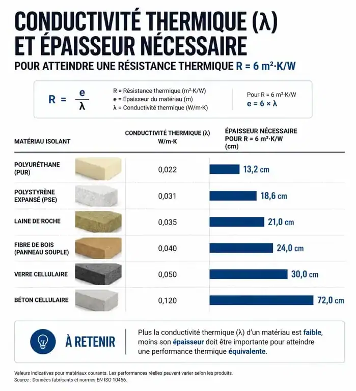 Tableau comparatif des isolants thermiques : conductivité et épaisseur pour une isolation efficace
