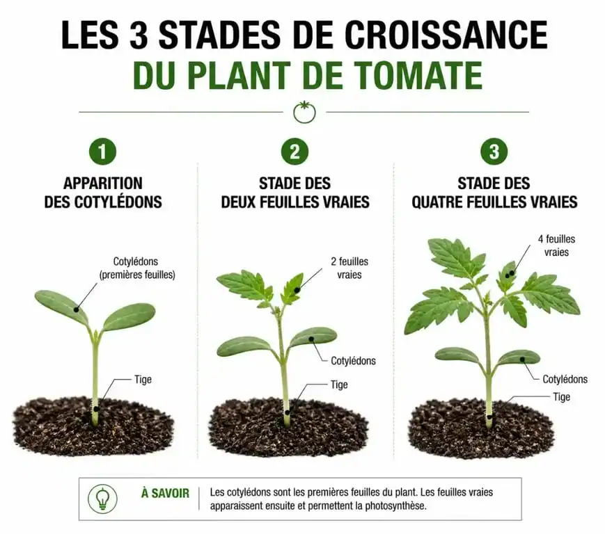 Stades de développement du plant de tomate pour le repiquage : cotylédons, 2 feuilles vraies et 4 feuilles vraies